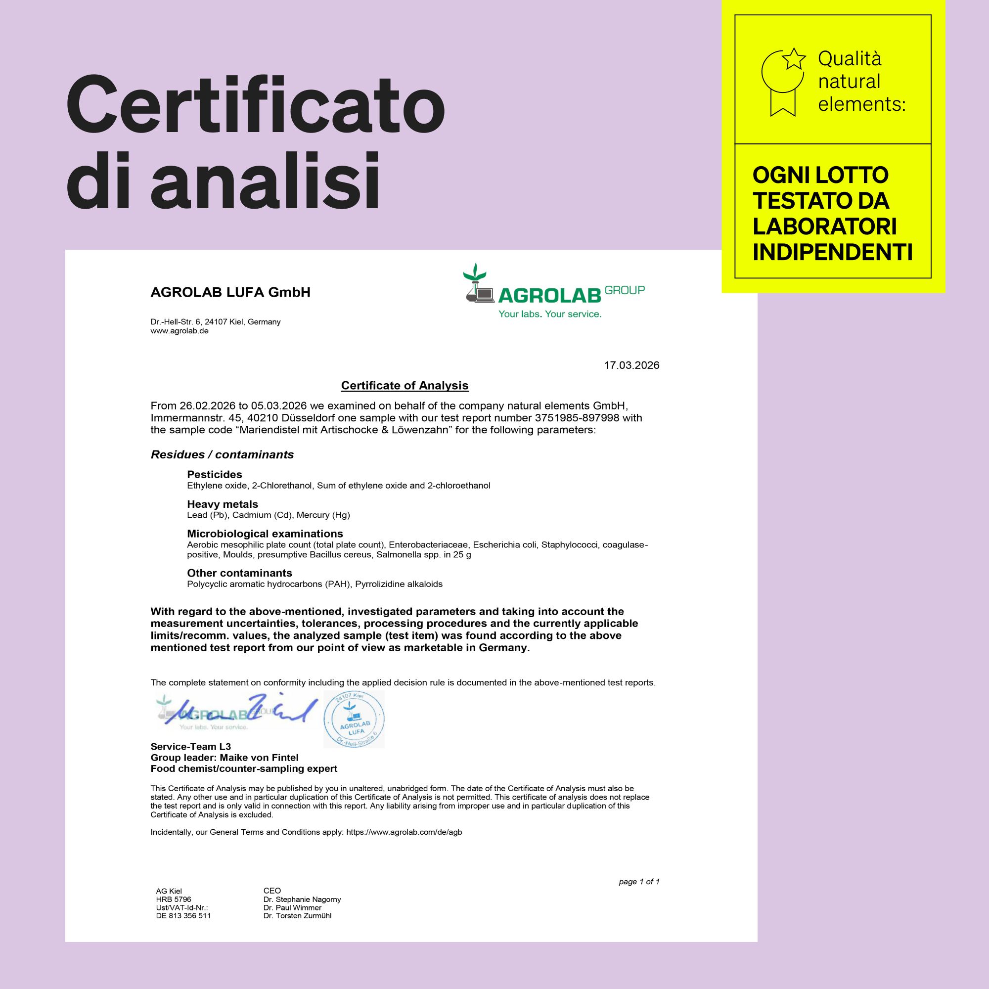 Certificato di Agrolab GmbH sui test di ingredienti, pesticidi e metalli pesanti.