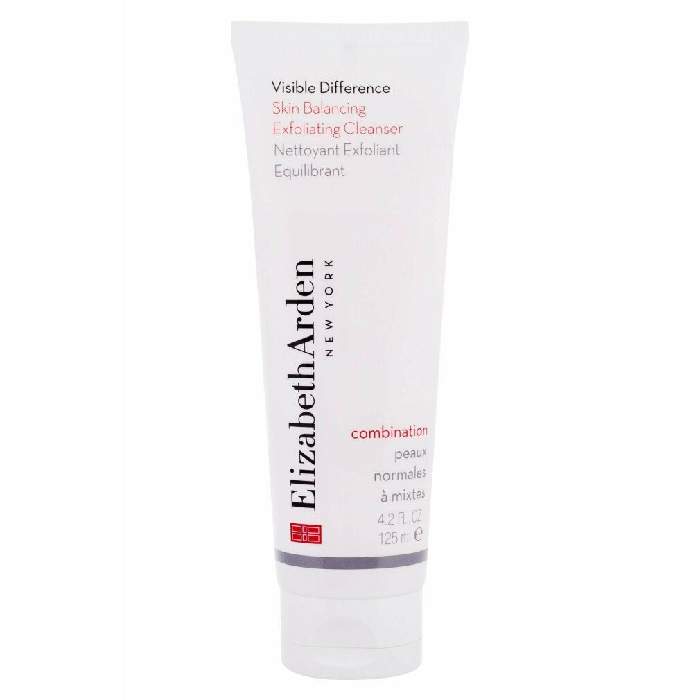 Tubo bianco con nome del prodotto e del marchio. Testo: Visible Difference, Skin Balancing, Exfoliating Cleanser. Marchio: Elizabeth Arden.