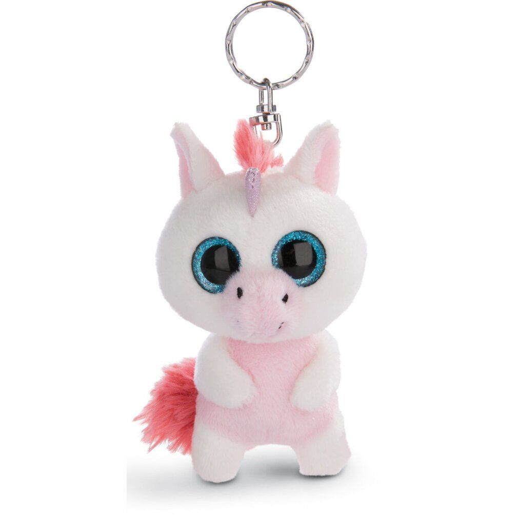 Peluche unicorno bianco e rosa con portachiavi. Grandi occhi blu, criniera e coda rosa. Piccole dimensioni.
