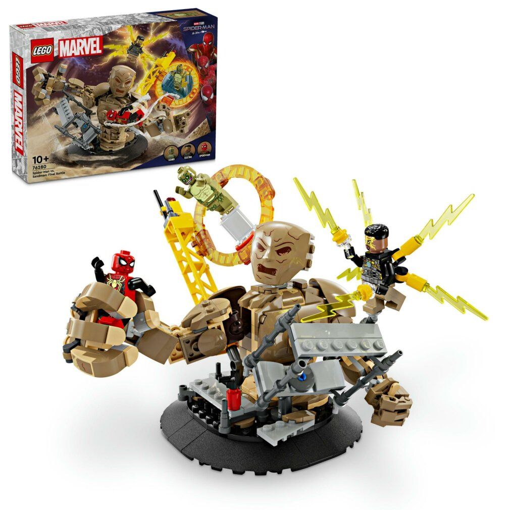 Set LEGO Marvel con personaggio di Uomo Sabbia, Spider-Man ed Electro. Personaggi su una base. Confezione sullo sfondo.