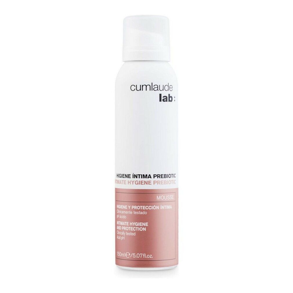 Flacone bianco-rosa. Scritta: cumlaude lab:. Testo: Intimate Hygiene Prebiotic Mousse. 150ml. Prodotto in posizione verticale.