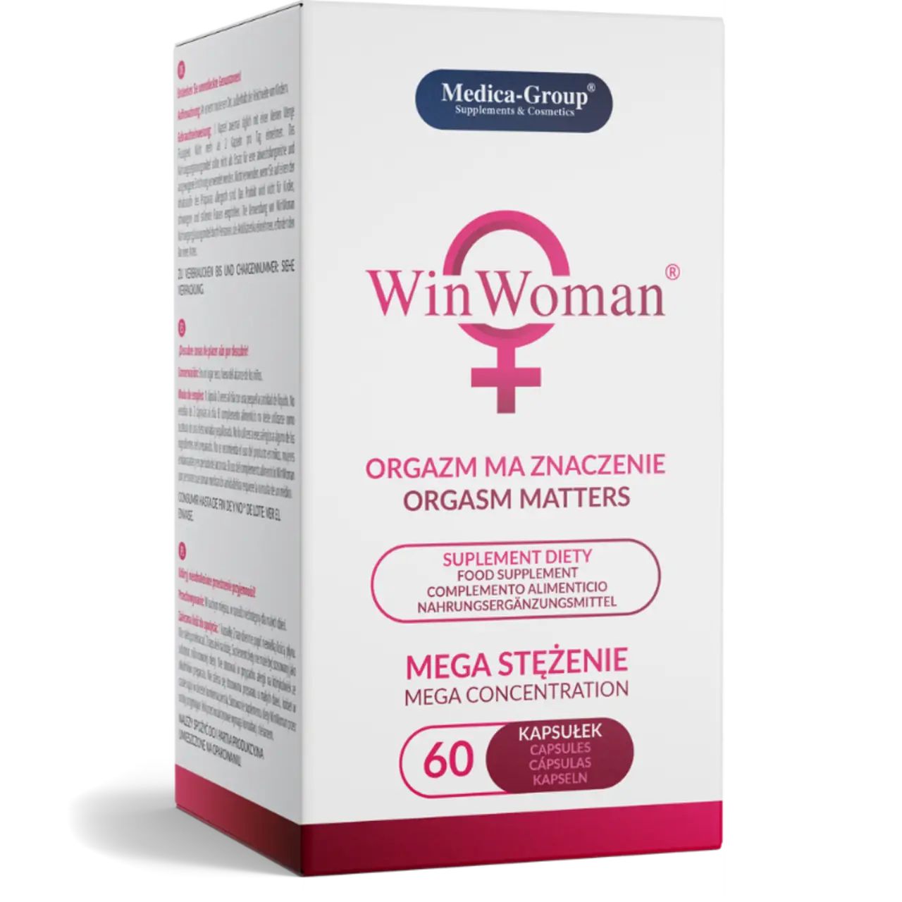 Confezione di WinWoman. Scritta: L'orgasmo conta. 60 capsule. Logo Medica-Group. Scatola bianca con dettagli rosa e neri.