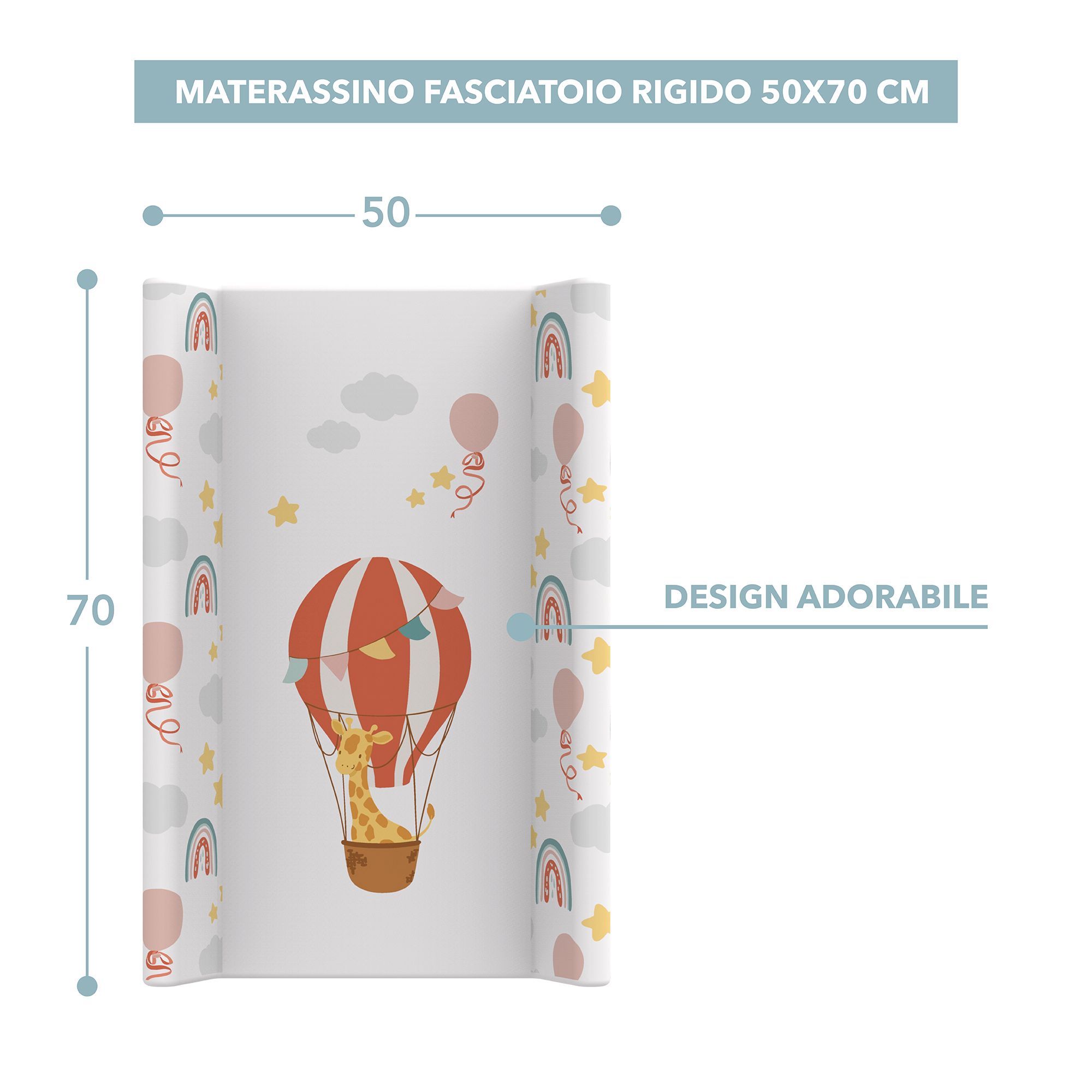 Materassino fasciatoio con motivo giraffa in mongolfiera, dimensioni 50x70 cm.