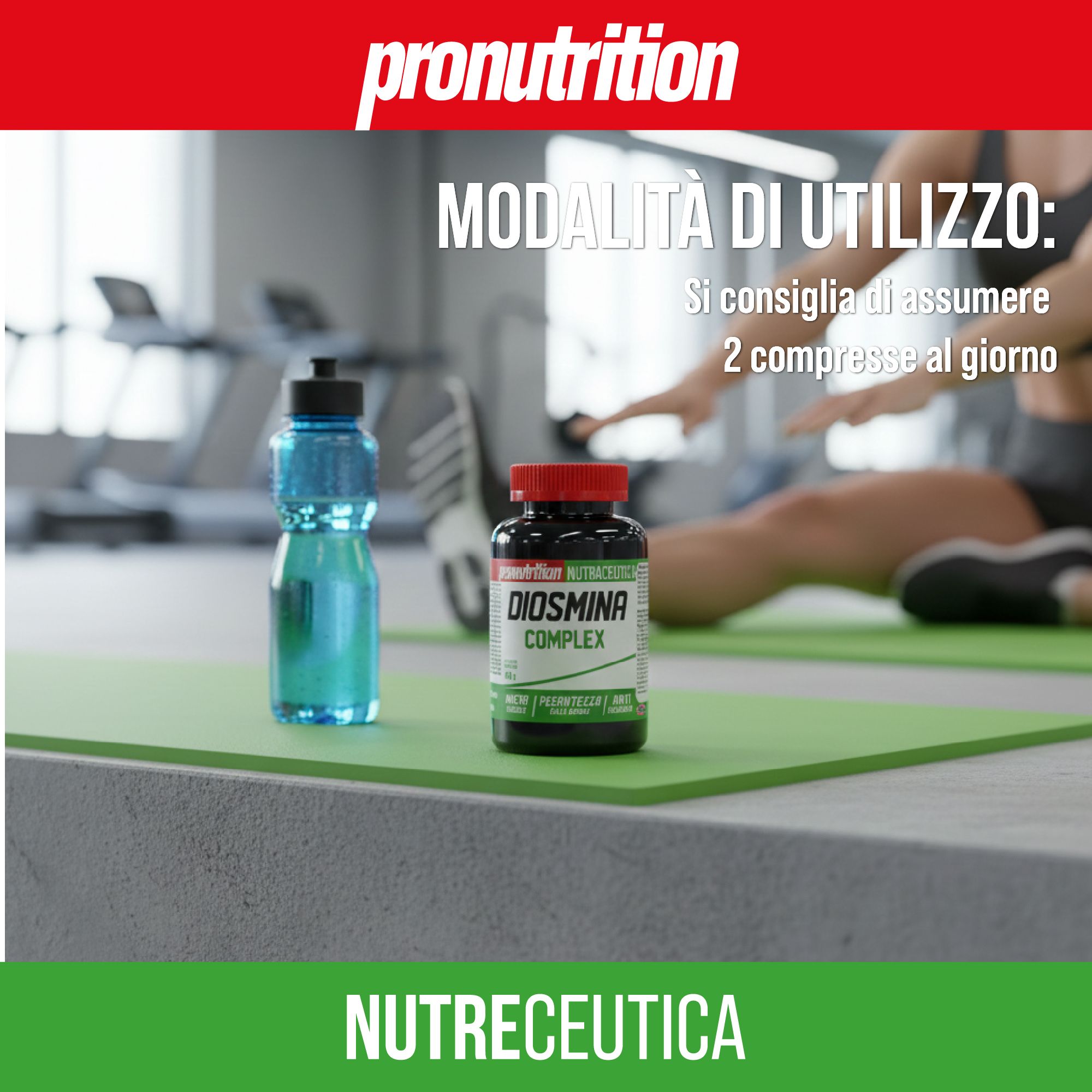 Pronutrition Diosmina Complex: contenitore con tappo rosso accanto a una bottiglia d'acqua blu.