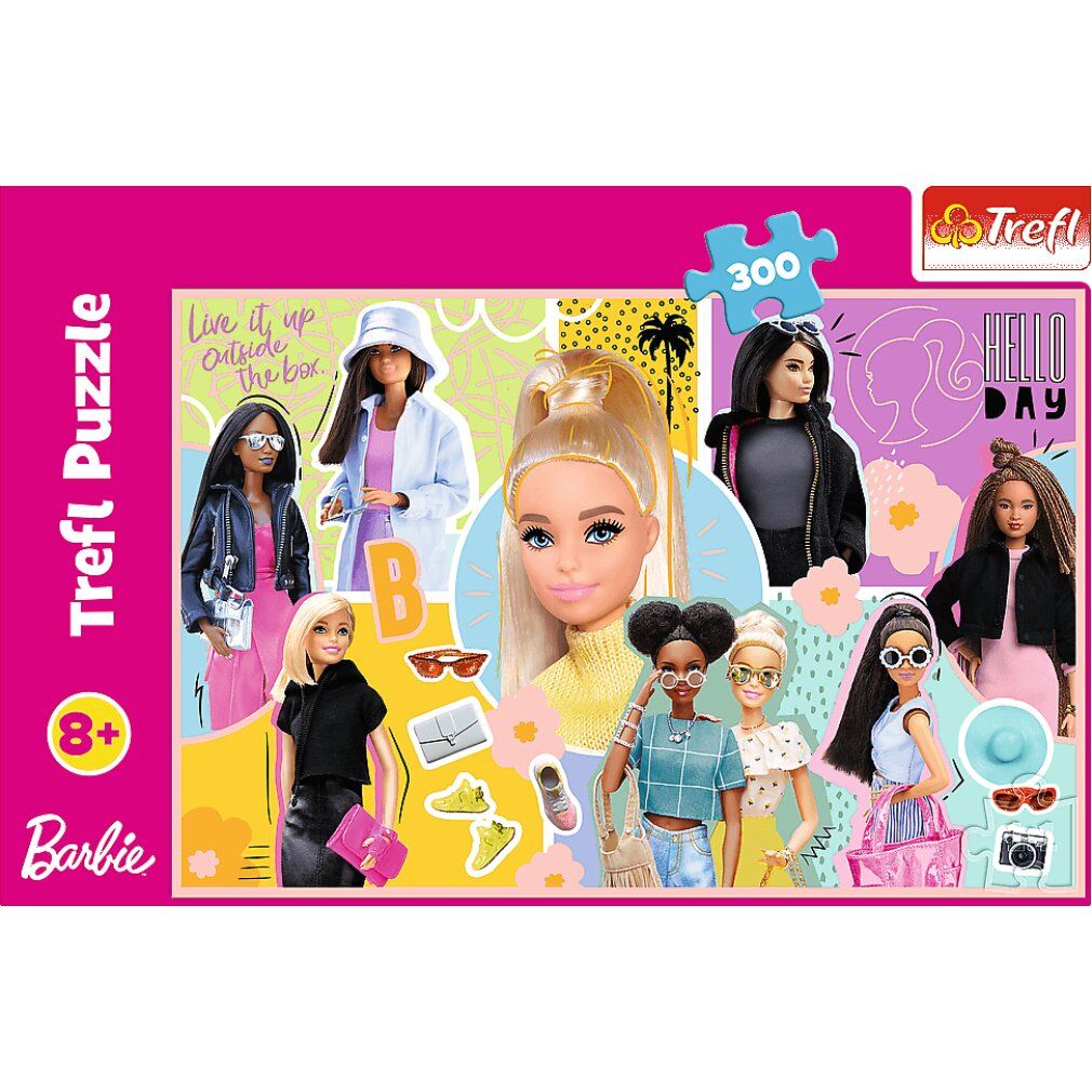 Scatola puzzle Barbie. Confezione rosa con illustrazioni Barbie, logo, età consigliata e 300 pezzi.
