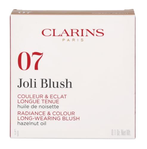 Clarins Joli Blush 07 Cheeky Peach. Confezione bianca con testo rosso. Nome del prodotto, numero del colore e informazioni sul contenuto. 5 g.