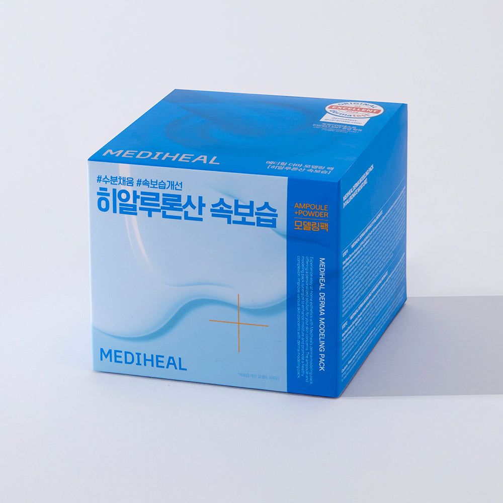 Confezione quadrata blu e bianca. Logo MEDIHEAL e testo coreano. Adesivo con testo.