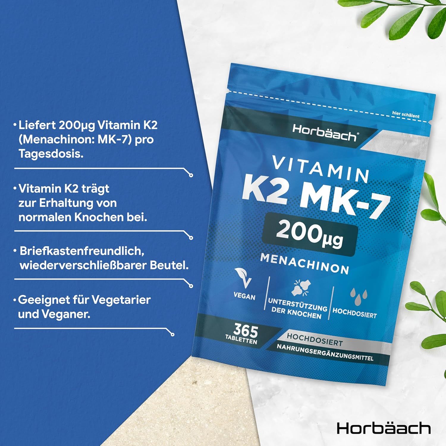 Confezione blu Horbaach Vitamina K2 MK-7, 200µg, 365 compresse. Testo e informazioni. Vegano.