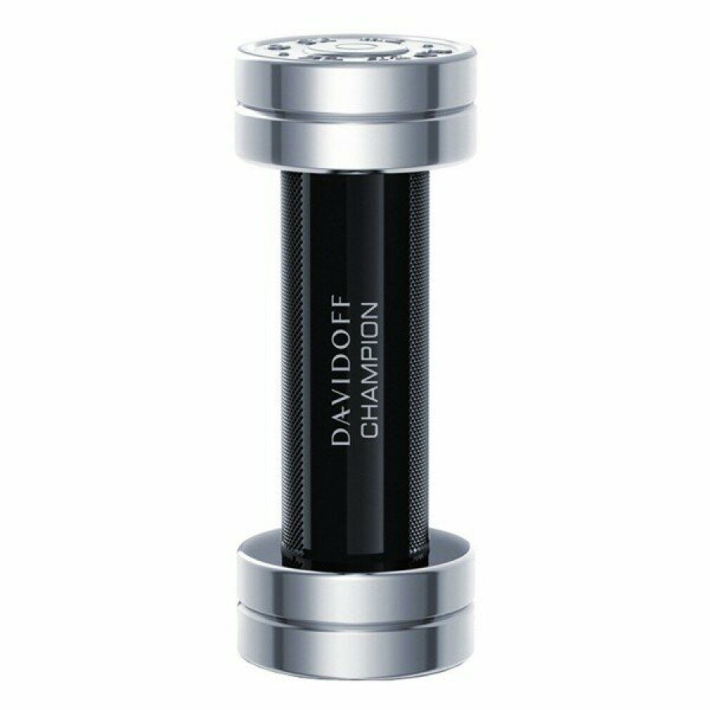 Flacone DAVIDOFF CHAMPION a forma di manubrio. Corpo nero, estremità argentate. Scritta DAVIDOFF CHAMPION sul flacone.