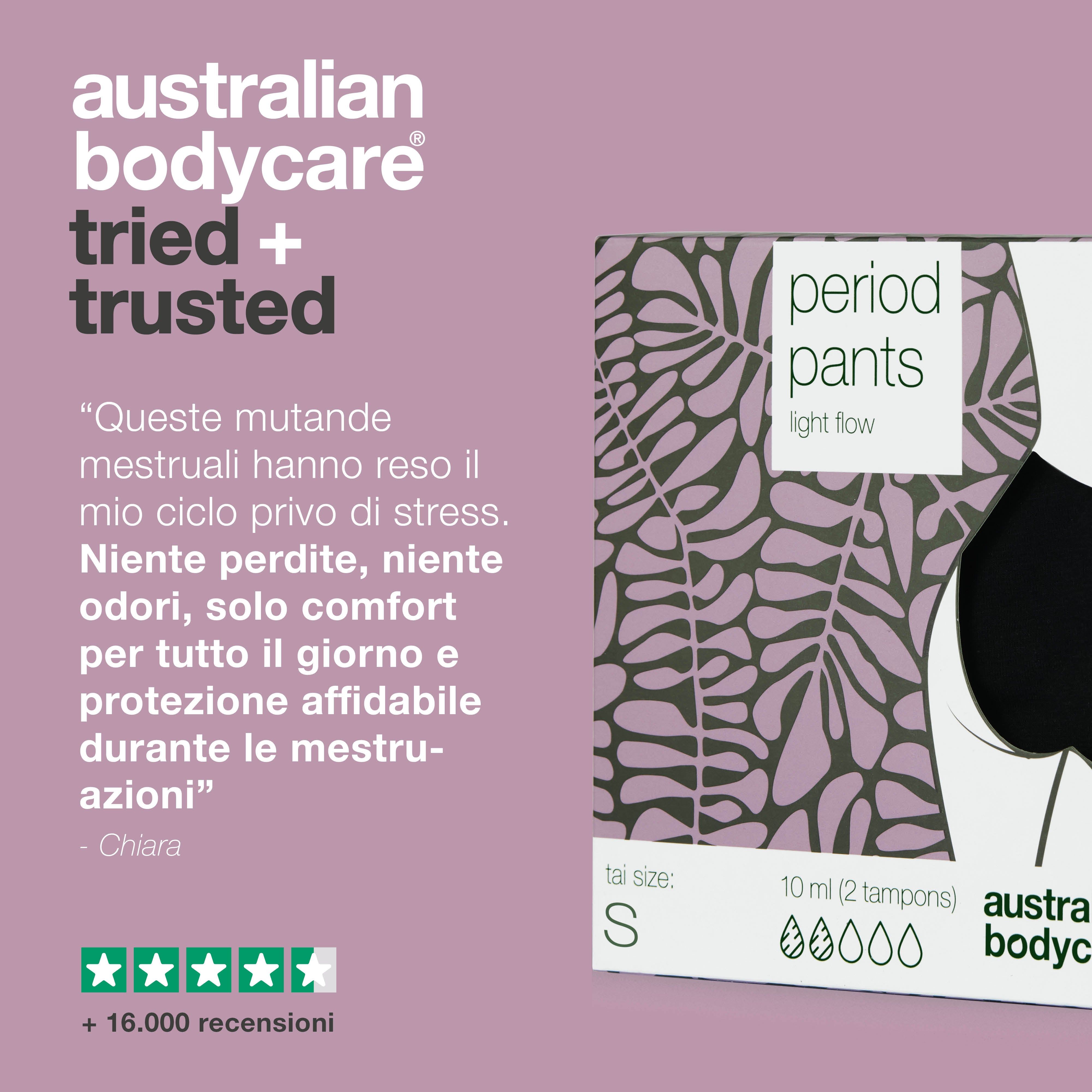 Confezione mutandine mestruali, taglia S. Testo: Intimo igienico, niente stress, odori, protezione affidabile.