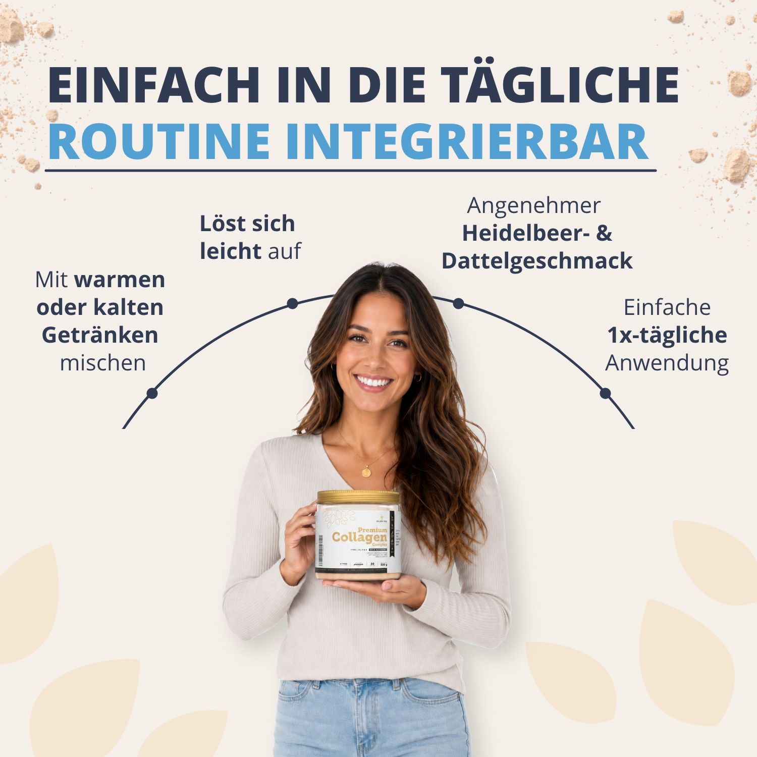 Donna tiene un barattolo Golden Tree Premium Collagen Complex, integrabile nella routine quotidiana.