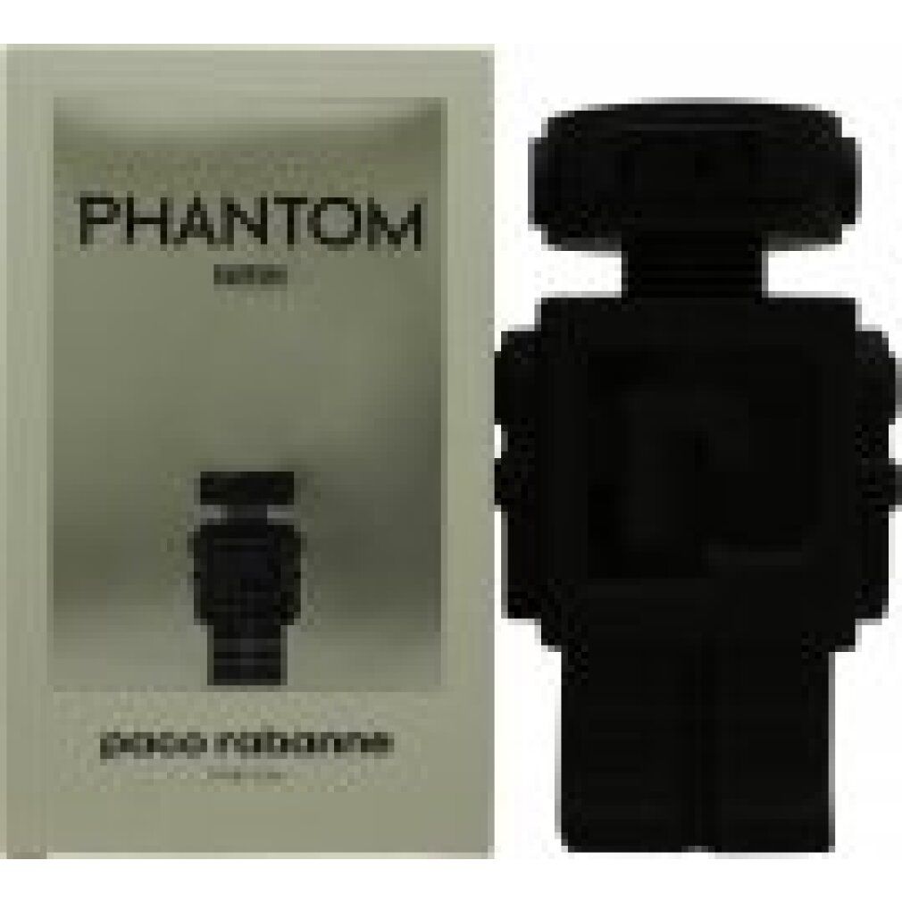 Confezione e flacone di profumo a forma di robot nero. Confezione con PHANTOM, illustrazione robot e paco rabanne.