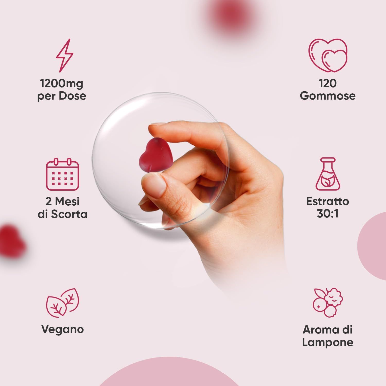 Mano che tiene una caramella gommosa a forma di cuore. Simboli: 1200mg per dose, 120 gommose, 2 mesi di scorta, estratto 30:1, vegano, gusto lampone.