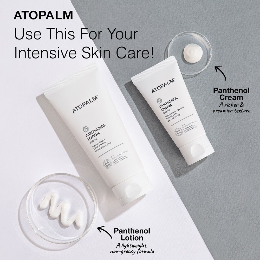 Due tubi e due ciotole con crema. Testo: ATOPALM, Panthenol Lotion, Panthenol Cream. Testo inglese. Sfondo chiaro.