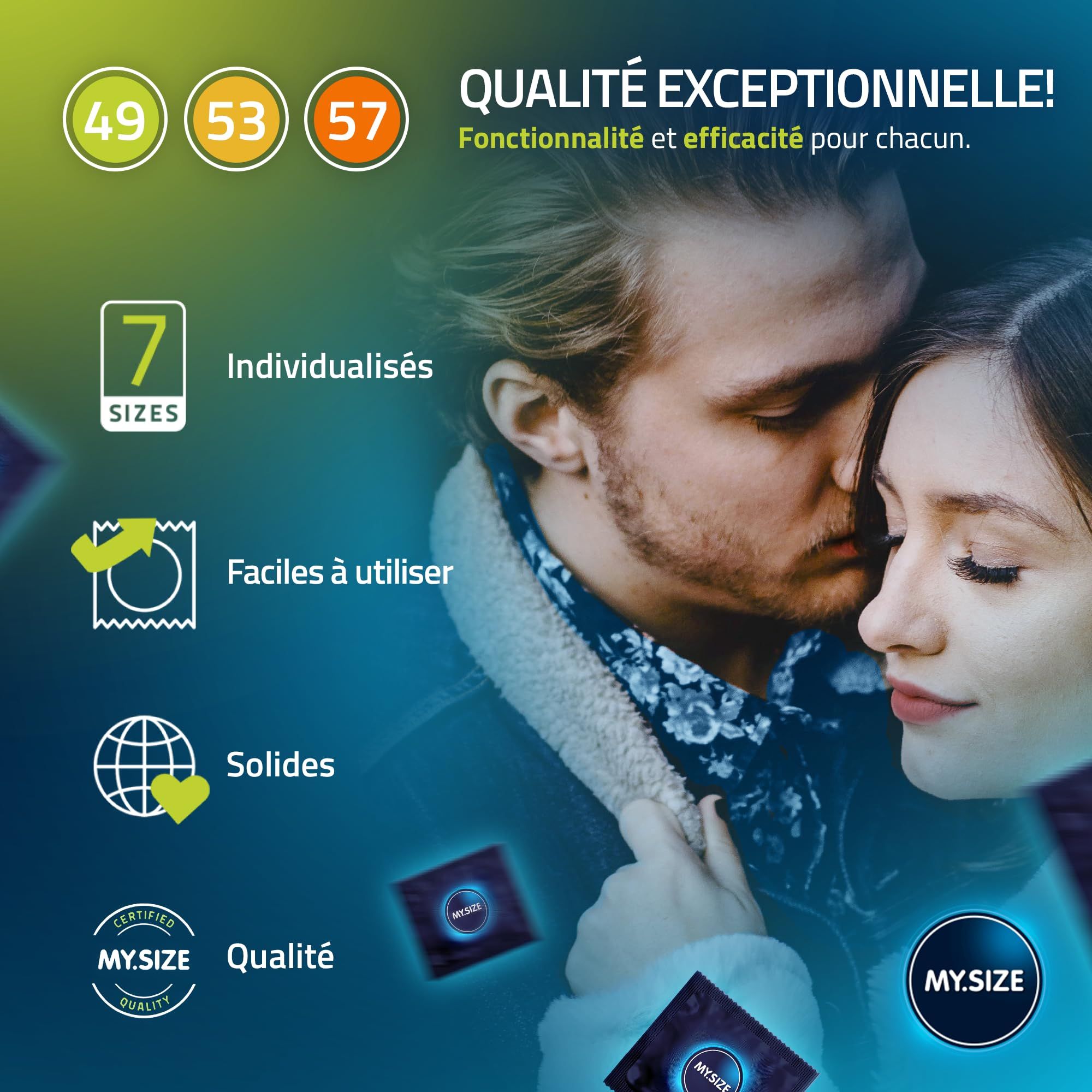 Coppia che si abbraccia, con icone per 7 taglie, facilità d'uso, durabilità e qualità.