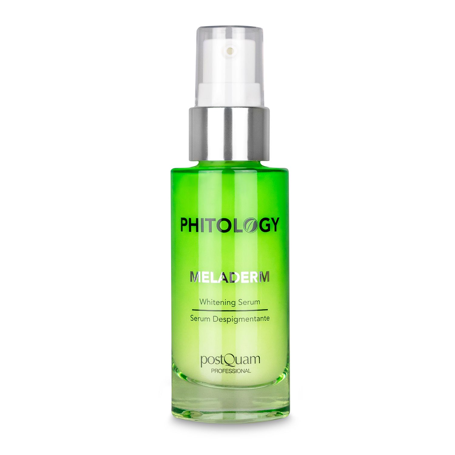 Flacone di siero. Scritte: PHITOLOGY, MELADERM, Whitening Serum, Serum Despigmentante. Marchio: PostQuam.