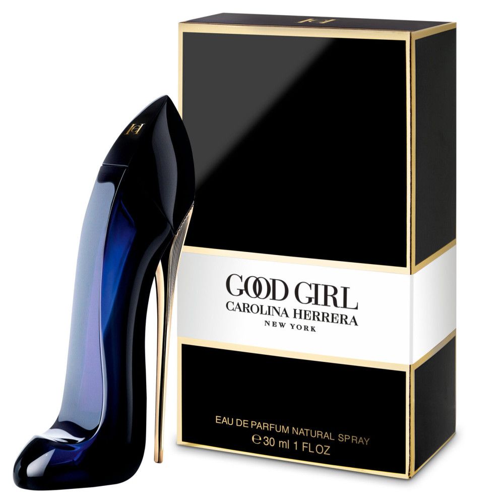 Flacone blu a forma di tacco alto e confezione nera. Dettagli dorati. Scritta: Good Girl, Carolina Herrera.