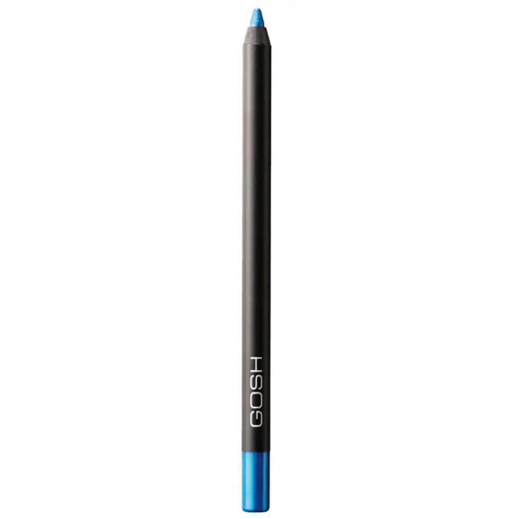 Eyeliner blu Gosh Velvet Touch Waterproof 011 Sky High. Matita nera con estremità blu e scritta GOSH.