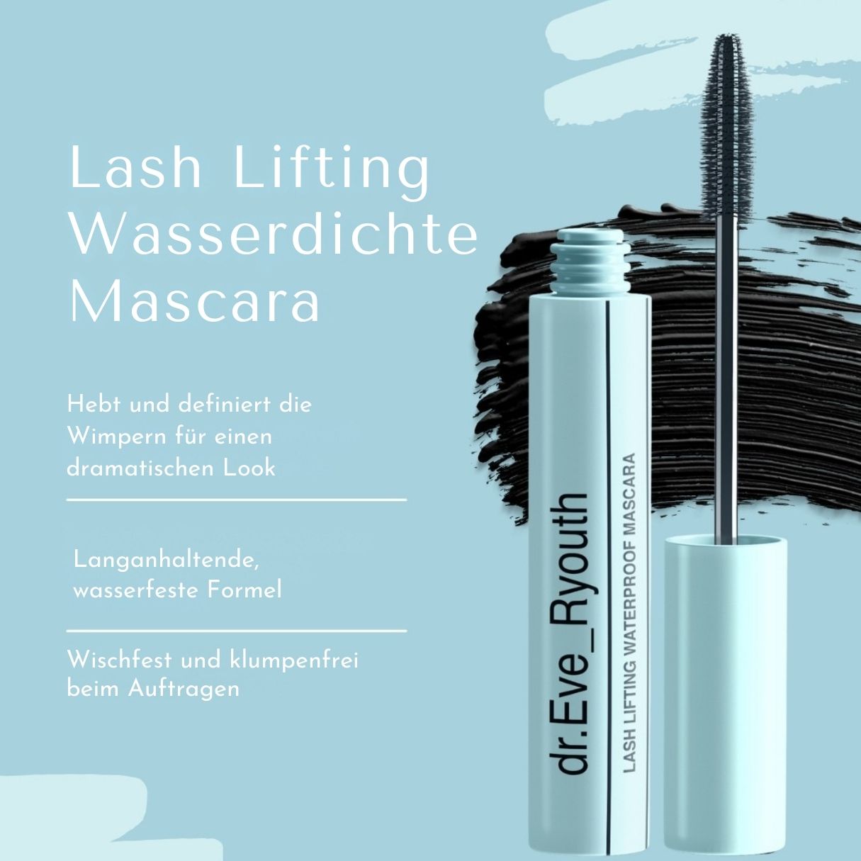 Flacone e scovolino mascara con texture nera. Testo: 'Lash Lifting Wasserdichte Mascara'.