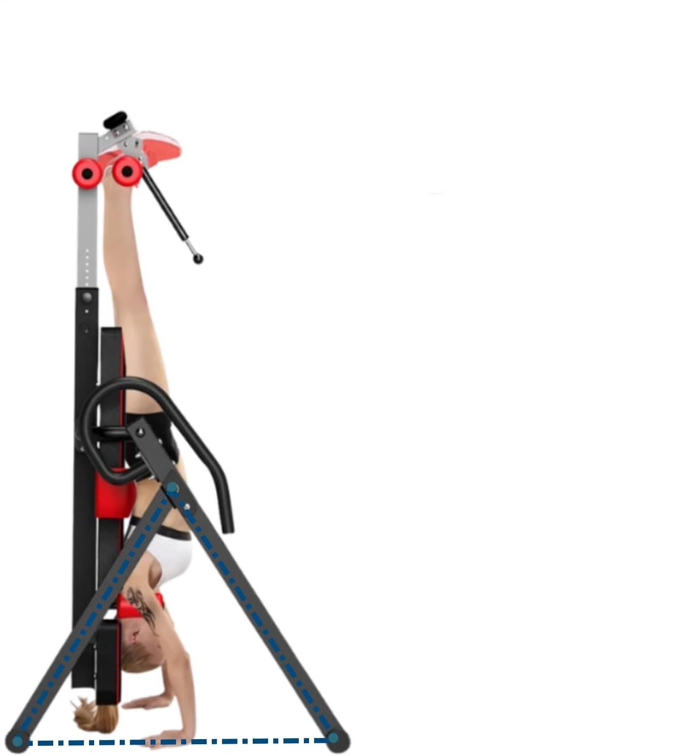 Persona su panca ad inversione. Seduta rossa e nera. Struttura nera. Persona in posizione invertita.