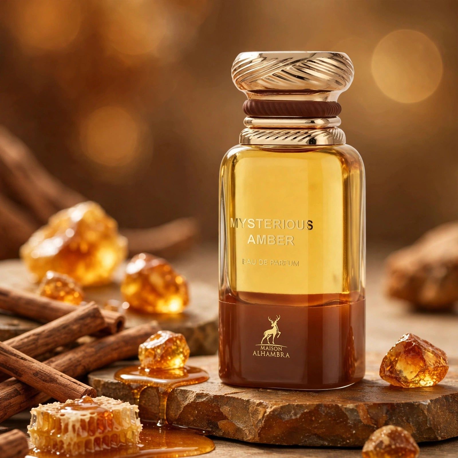 Flacone di profumo con liquido giallo e marrone, circondato da bastoncini di cannella e favi di miele.