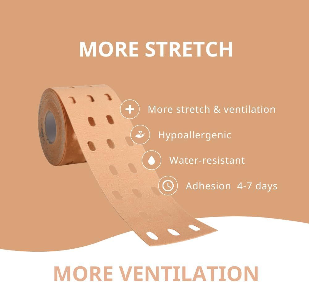 Rotolo di kinesio tape beige forato. Testo: Più elasticità, più ventilazione, ipoallergenico, resistente all'acqua, adesione 4-7 giorni.