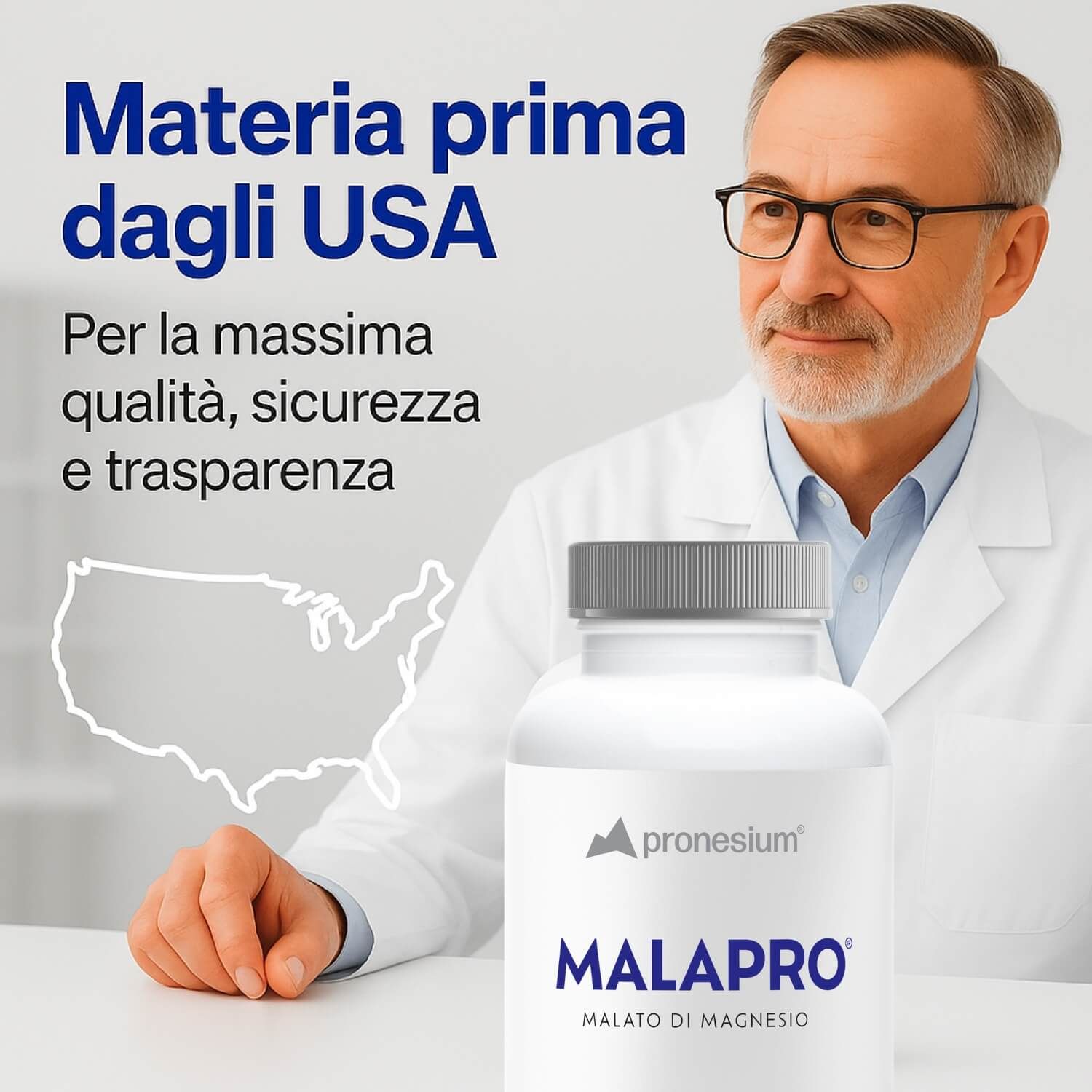 Uomo con occhiali. Testo: Materia prima dagli USA. Flacone: MALAPRO, 200 capsule. USA.