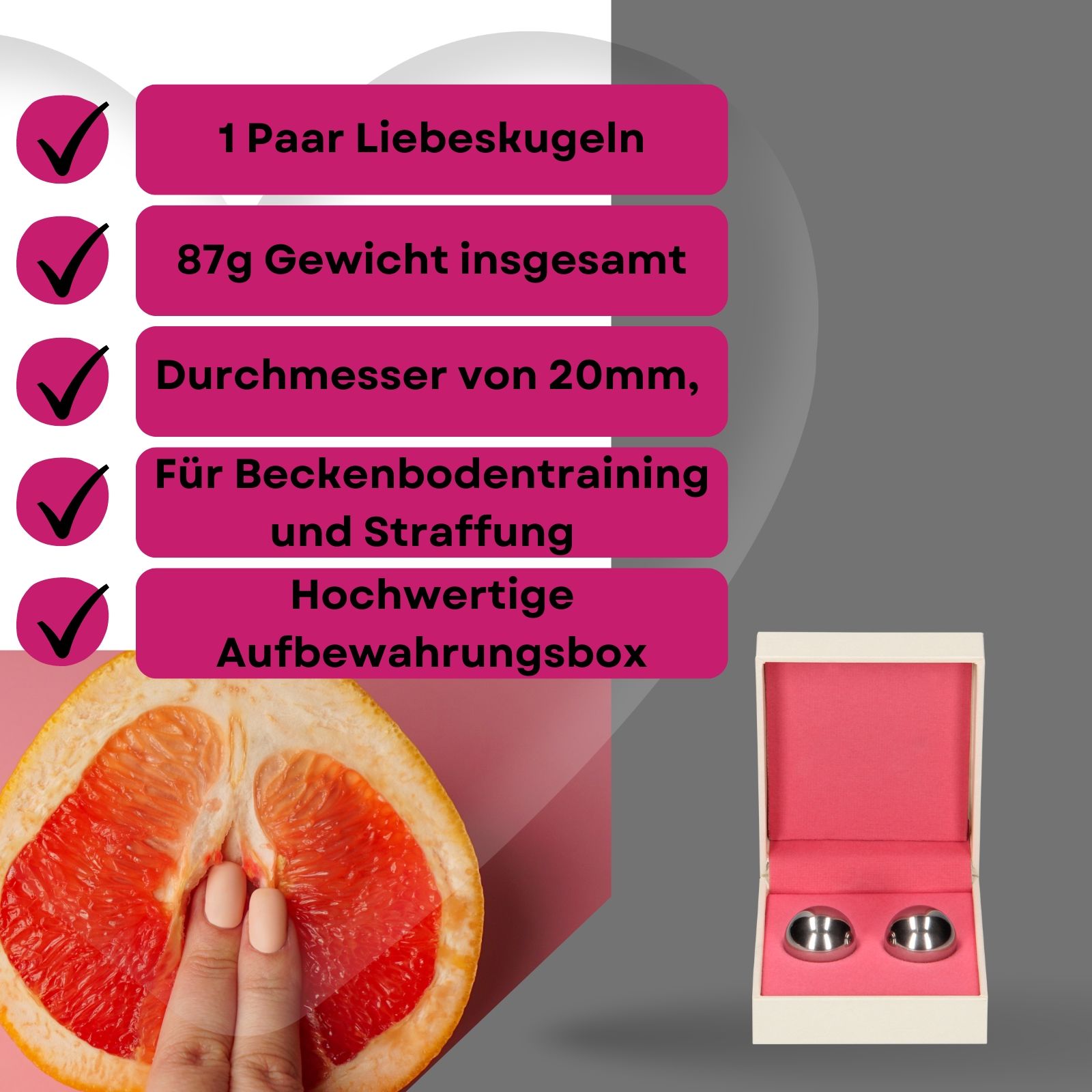 Due sfere metalliche in una scatola. Scritta: 1 paio di sfere, peso 87g, diametro 20mm, allenamento pavimento pelvico. Scatola.