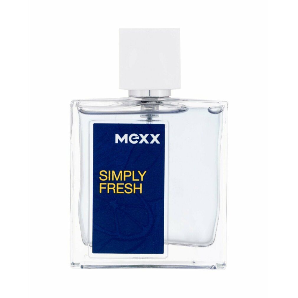 Mexx Simply Fresh Eau de Toilette Spray. Flacone trasparente con tappo bianco. Etichetta blu con nome del prodotto. Forma quadrata.