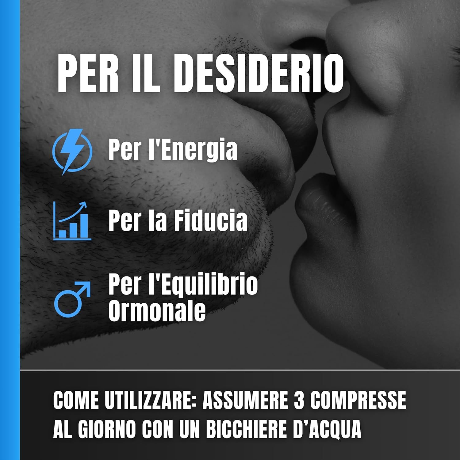 Primo piano di labbra. Testo: Per l'energia, la fiducia, l'equilibrio ormonale. Uso: 3 compresse al giorno.