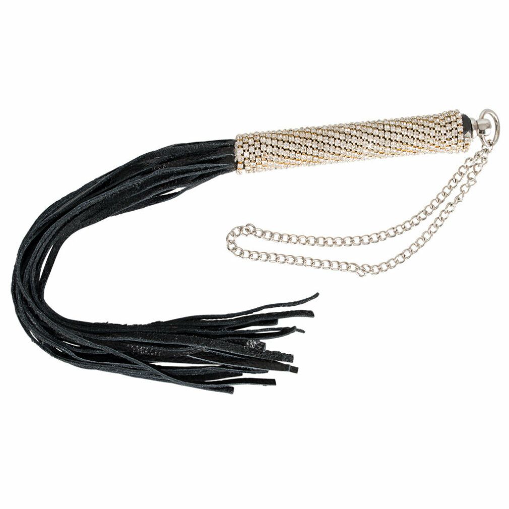 Frusta con frusta in pelle nera e manico argentato con strass. Catena all'estremità.