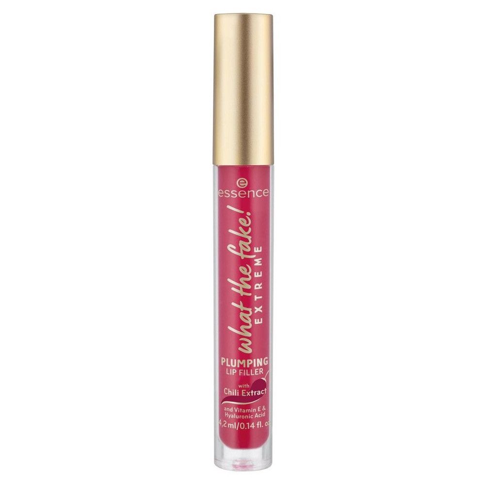 Tubo di lucidalabbra con tappo dorato. Contenuto rosa visibile. Scritta: What The Fake! Extreme. Marchio: Essence.