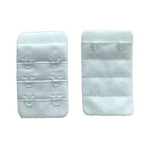 Due estensioni reggiseno bianche. 3 file con 2 ganci ciascuna. Struttura del tessuto visibile.