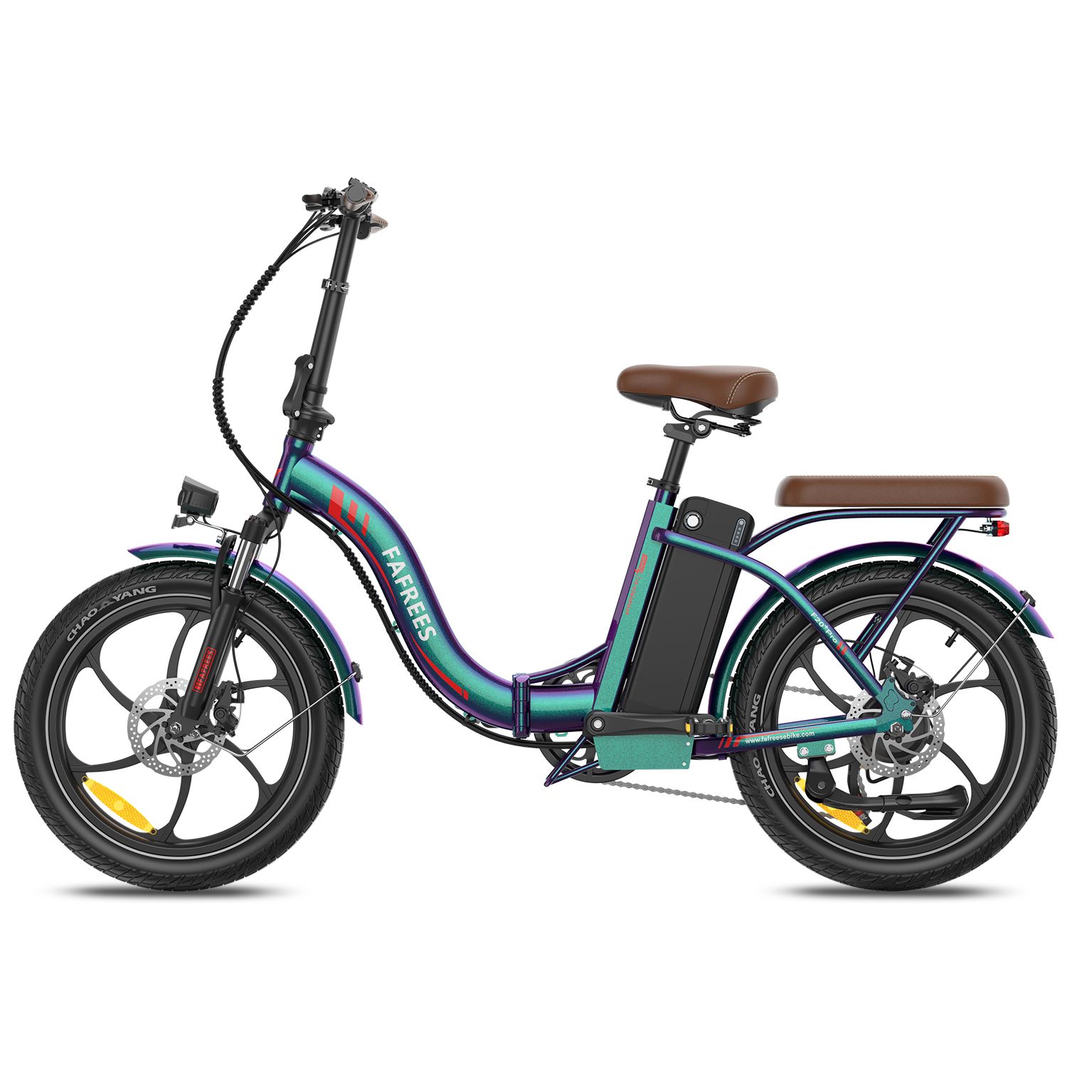 E-bike pieghevole blu-verde, sella e portapacchi marroni. Pneumatici, cerchi e batteria neri. Marchio FAFREES.