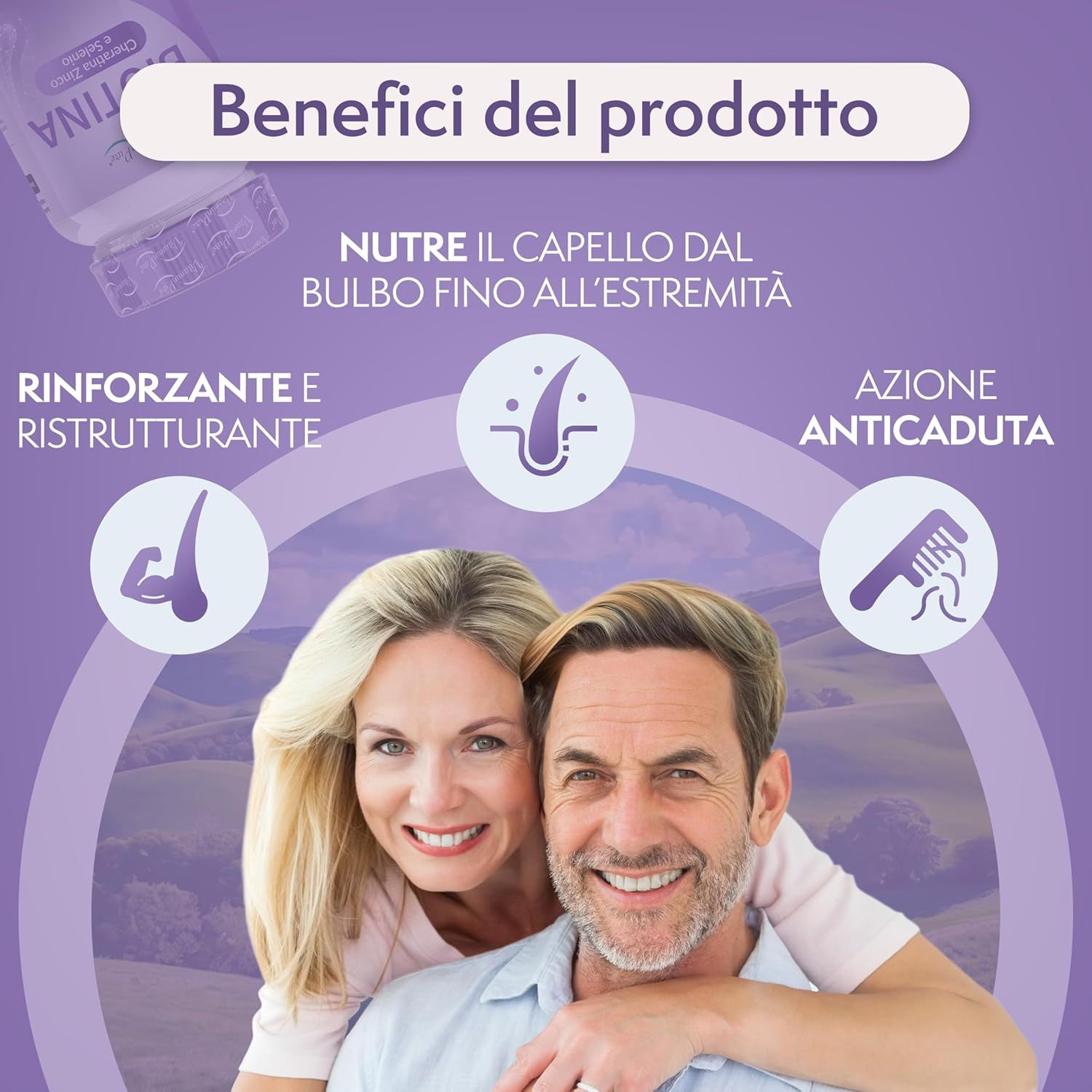 Benefici del prodotto. Coppia sorridente. Illustrazioni: capelli, muscoli, pettine.