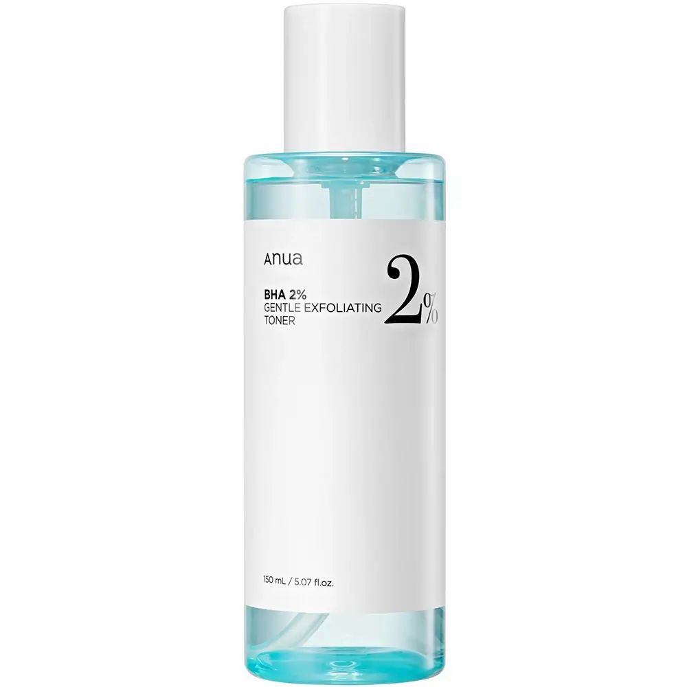 Flacone bianco con toner trasparente. Scritta: Anua BHA 2% Gentle Exfoliating Toner. Tappo bianco.