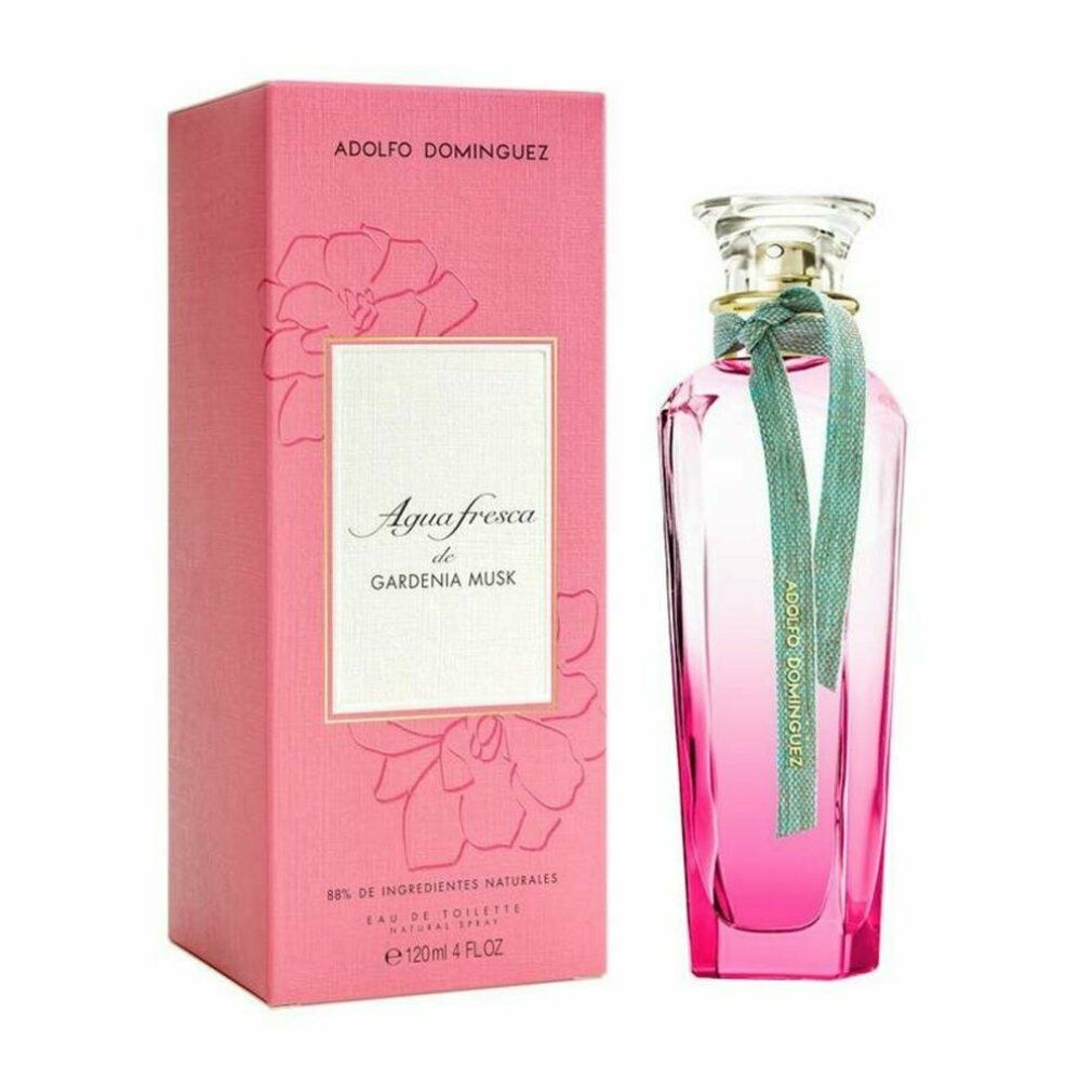 Flacone e confezione rosa. Sulla confezione è scritto "Adolfo Dominguez Agua Fresca Gardenia Musk".
