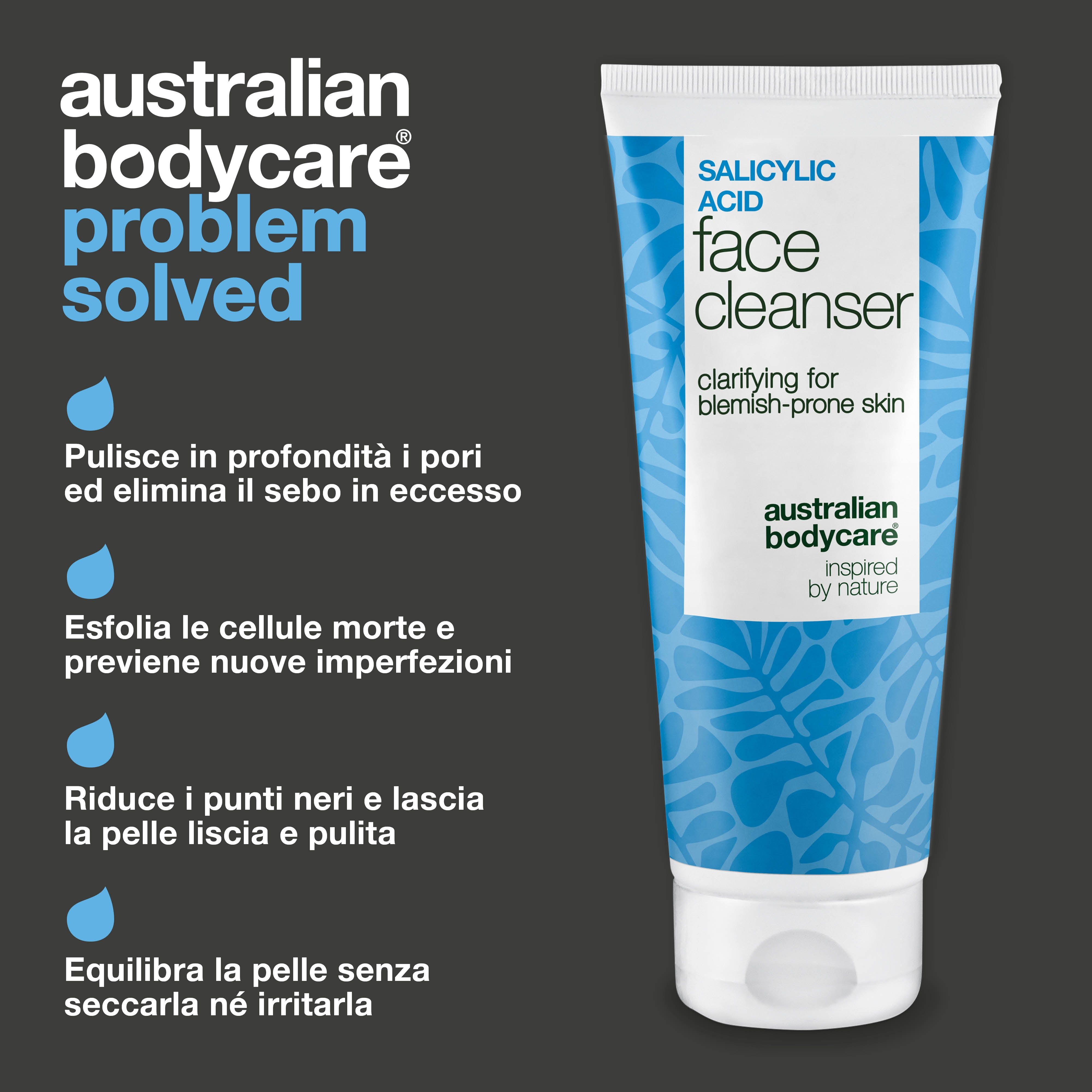 Tubo "Salicylic Acid Face Cleanser" con testo. Testo: Pulisce i pori, rimuove l'olio, ecc. Marca: Australian Bodycare.