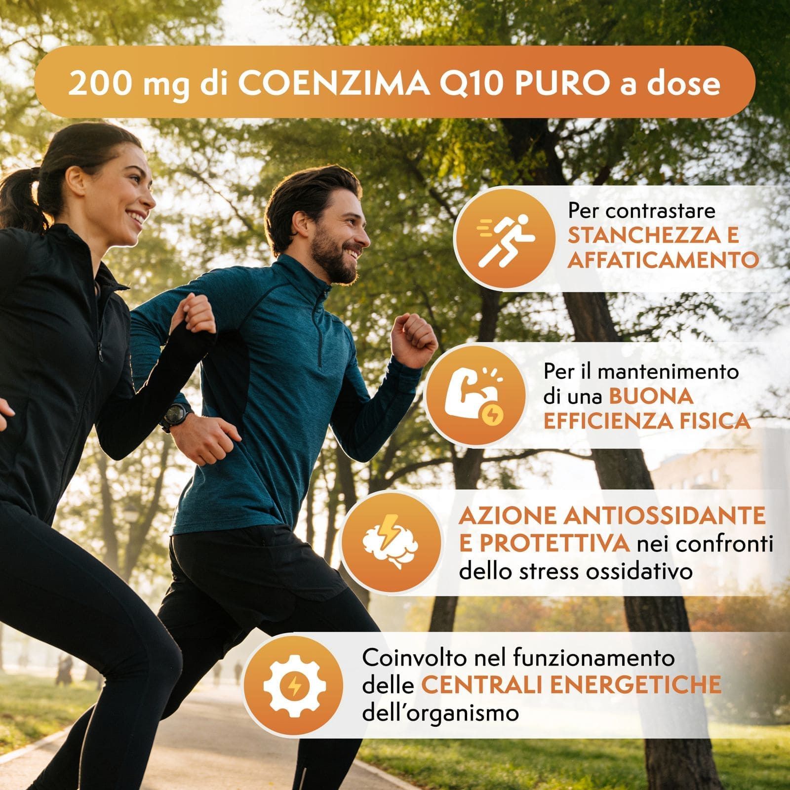 Coppia di corridori all'aperto, con icone per stanchezza, performance fisica, antiossidante, energia.