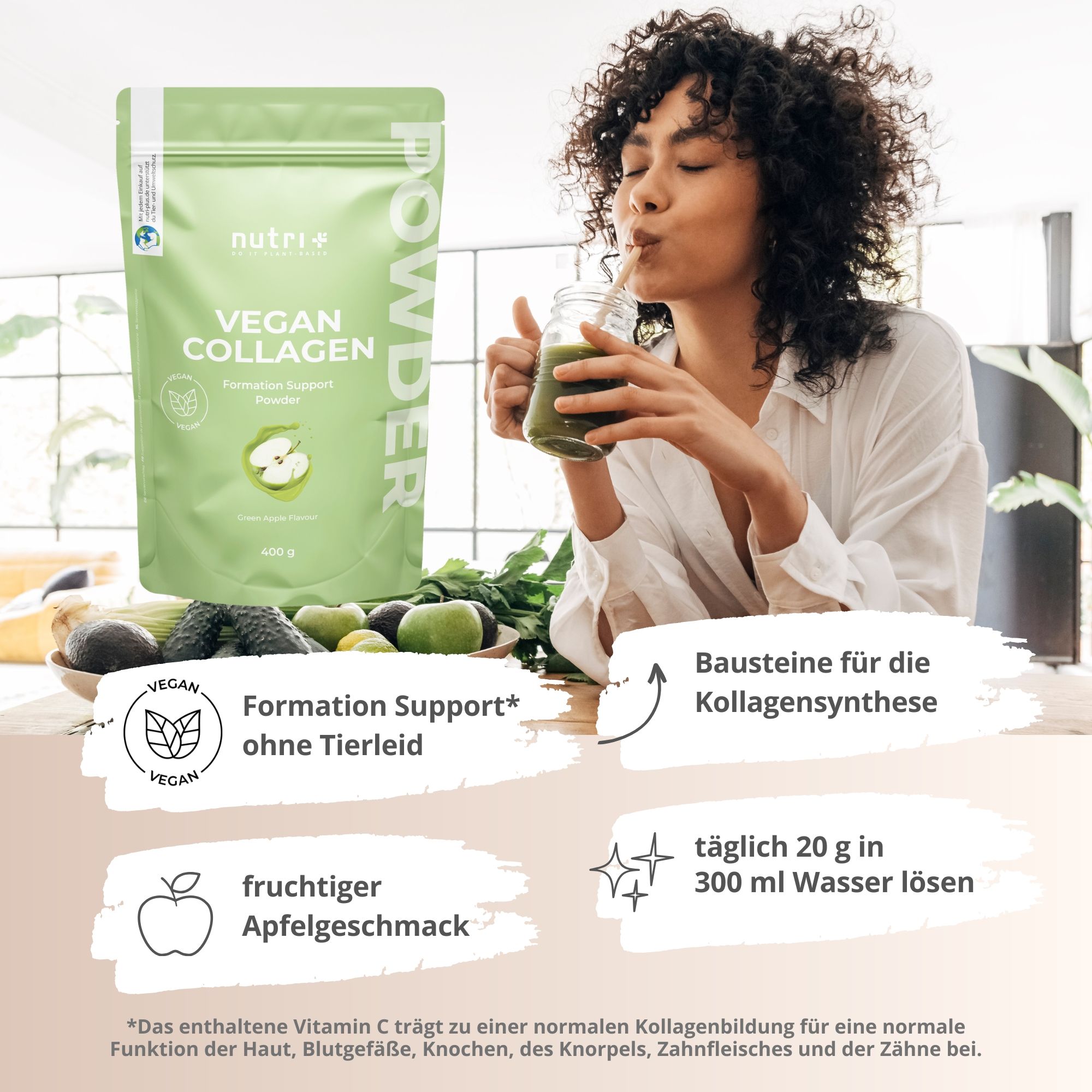 Donna beve bevanda verde. Accanto: sacchetto "VEGAN COLLAGEN". Testo: Formation Support, senza sofferenza animale. Gusto mela.