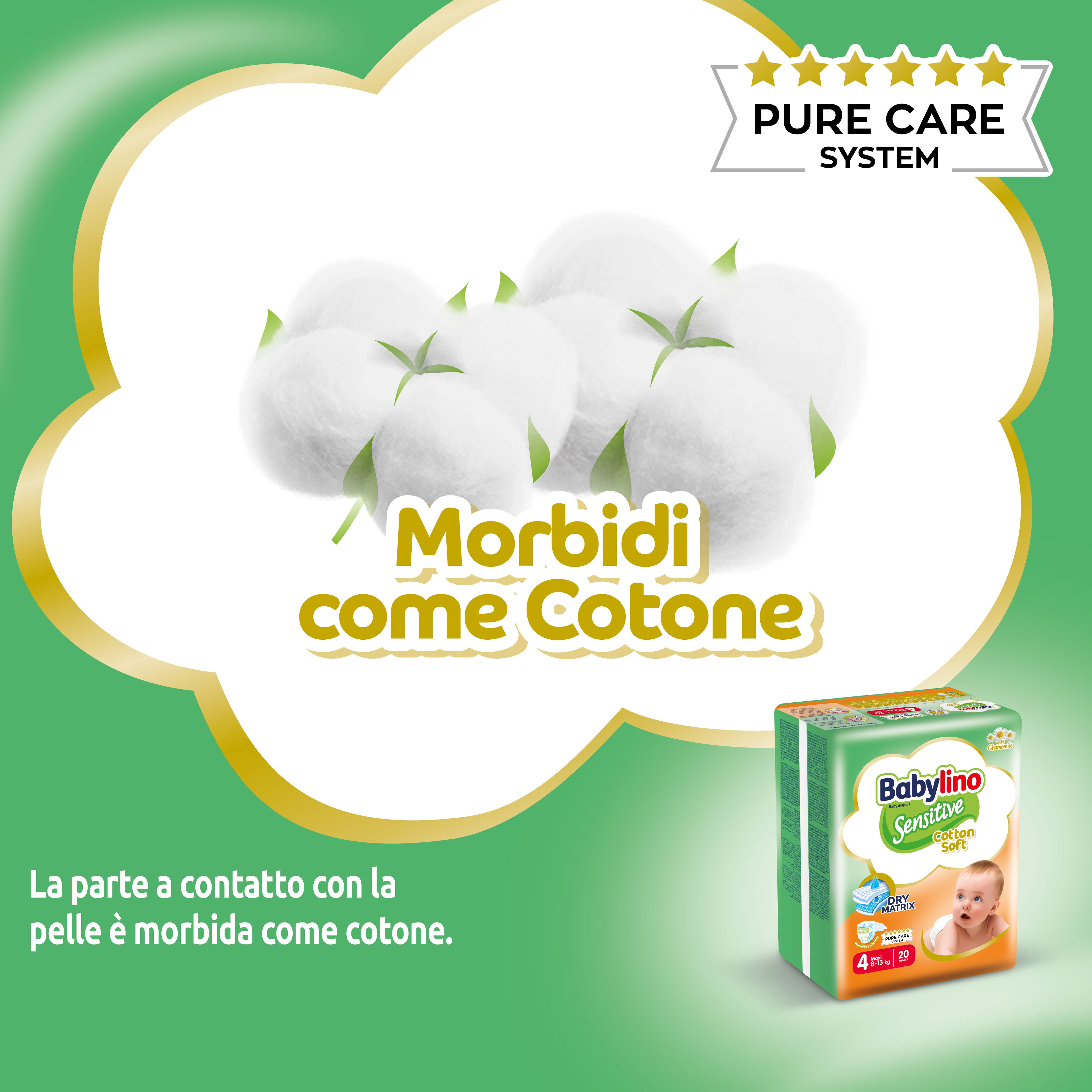 Confezione di pannolini Babylino Sensitive. Illustrazione di cotone. Testo: Morbidi come cotone. Pure Care System.
