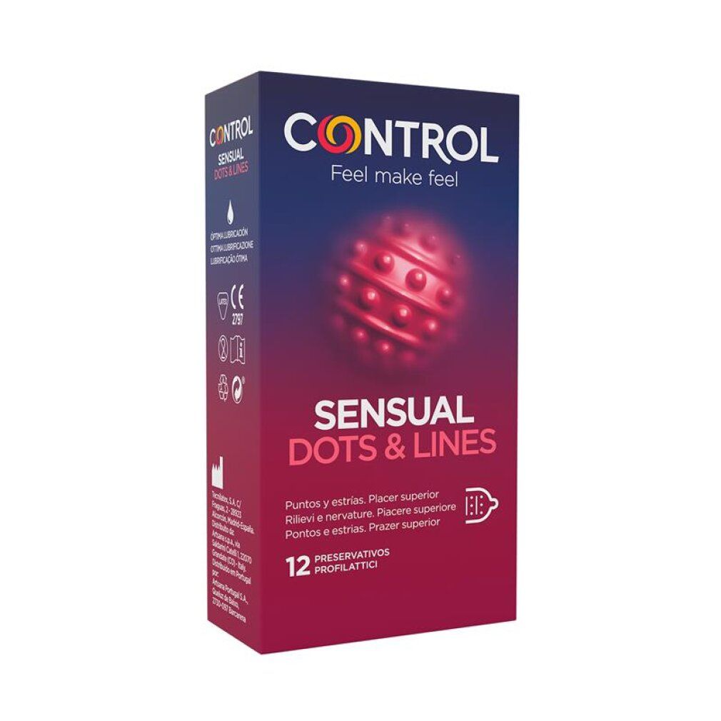 Confezione da 12 preservativi Control Sensual Dots & Lines. Mostra una sfera rossa stilizzata con puntini.