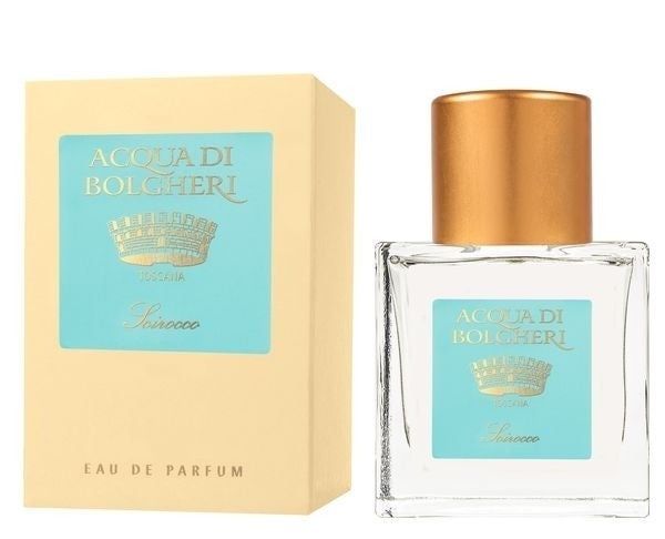 Flacone e confezione di Acqua di Bolgheri Scirocco EdP. Flacone rettangolare con tappo dorato. Confezione beige chiaro con etichetta turchese.