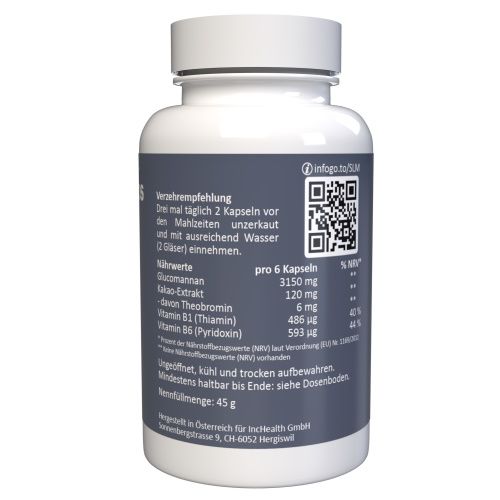 Flacone bianco con informazioni nutrizionali e codice QR. Contiene glucomannano, estratto di cacao, vitamina B1 e B6. Peso netto: 45 g.