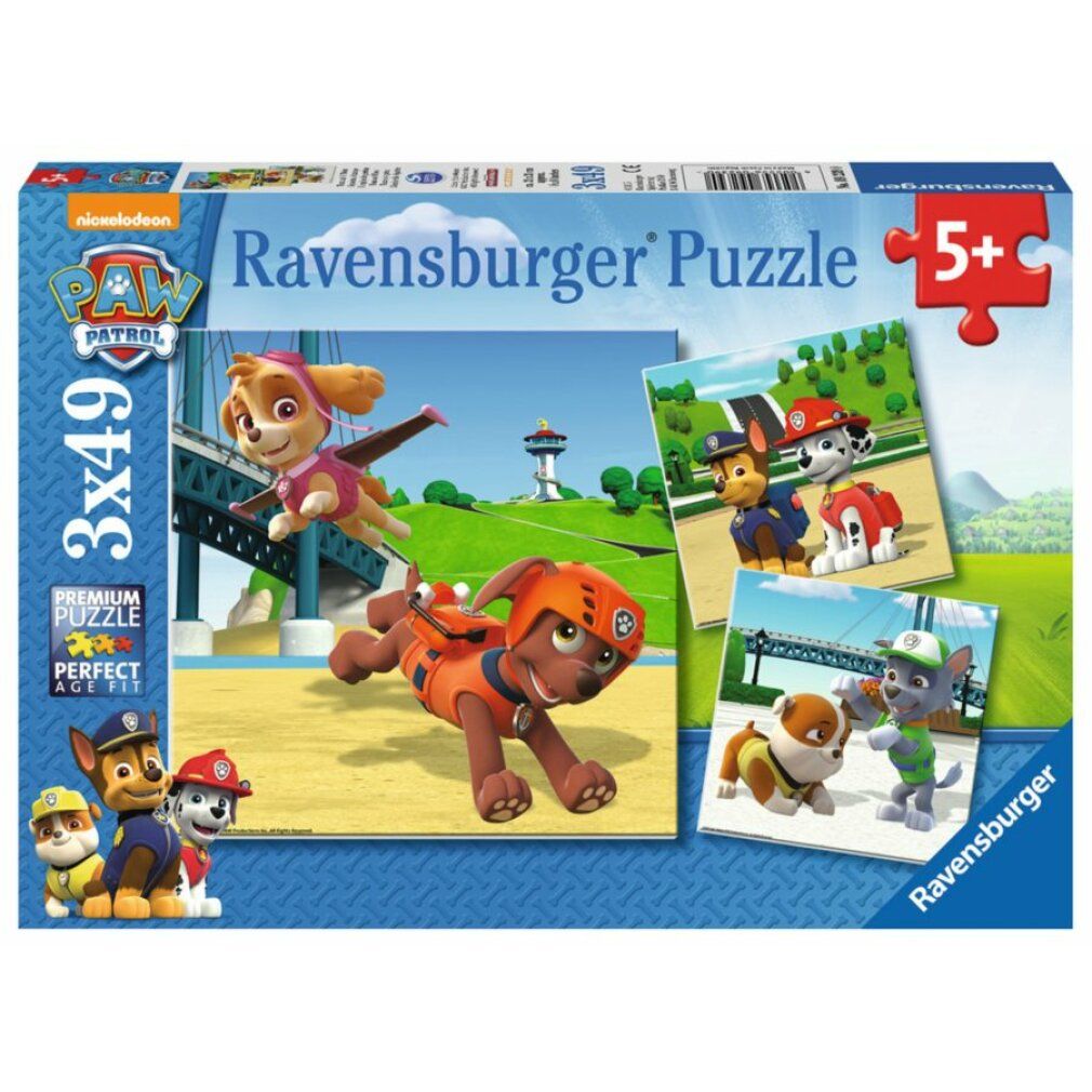 Scatola puzzle 3x49 pezzi. Personaggi Paw Patrol. Marca: Ravensburger. Età consigliata: 5+