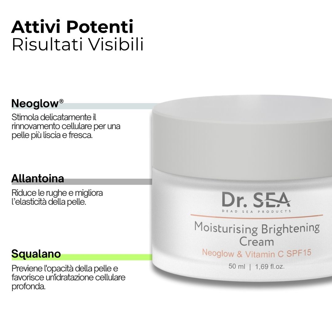 Vaso di crema. Testo: Dr. SEA, Moisturising Brightening Cream, SPF15. 50 ml. Box con ingredienti.