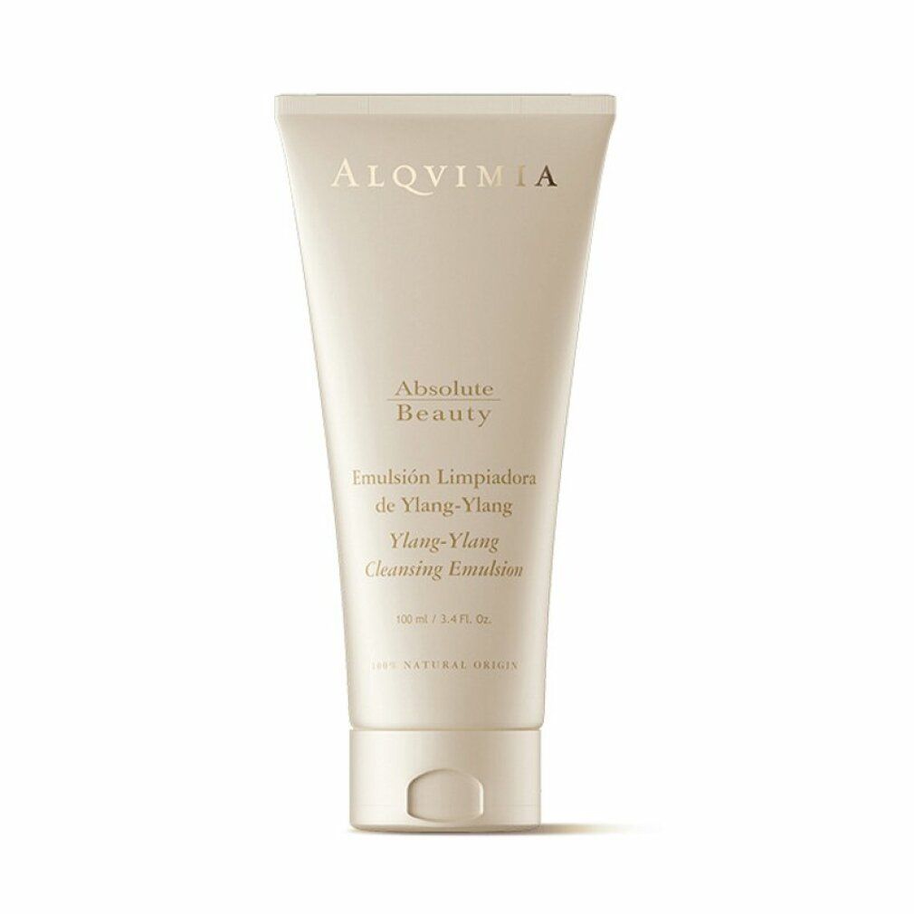 Tubo beige con testo. Scritta: Alqvimia, Absolute Beauty, Emulsión Limpiadora de Ylang-Ylang, Ylang-Ylang Cleansing Emulsion.