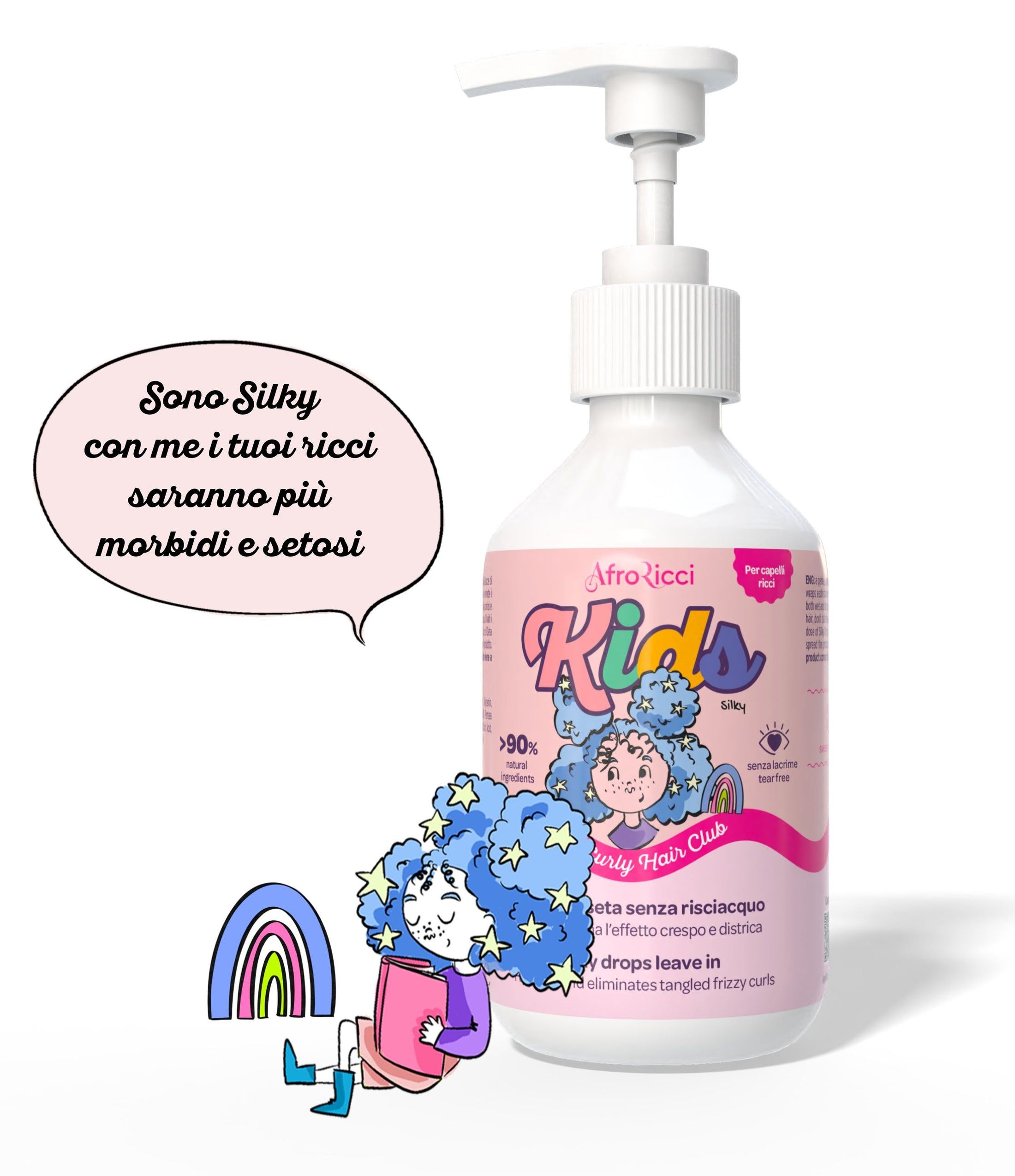 Flacone con dosatore. Etichetta con "AfroRicci Kids" e illustrazione. Testo: "Gocce di seta senza risciacquo". Illustrazione.