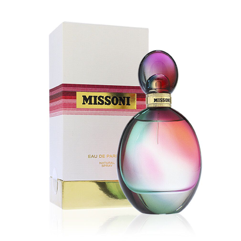 Flacone di profumo e confezione. Flacone rotondo, colorato. Confezione bianca con fascia rosa. Scritta: MISSINI, Eau de Parfum.