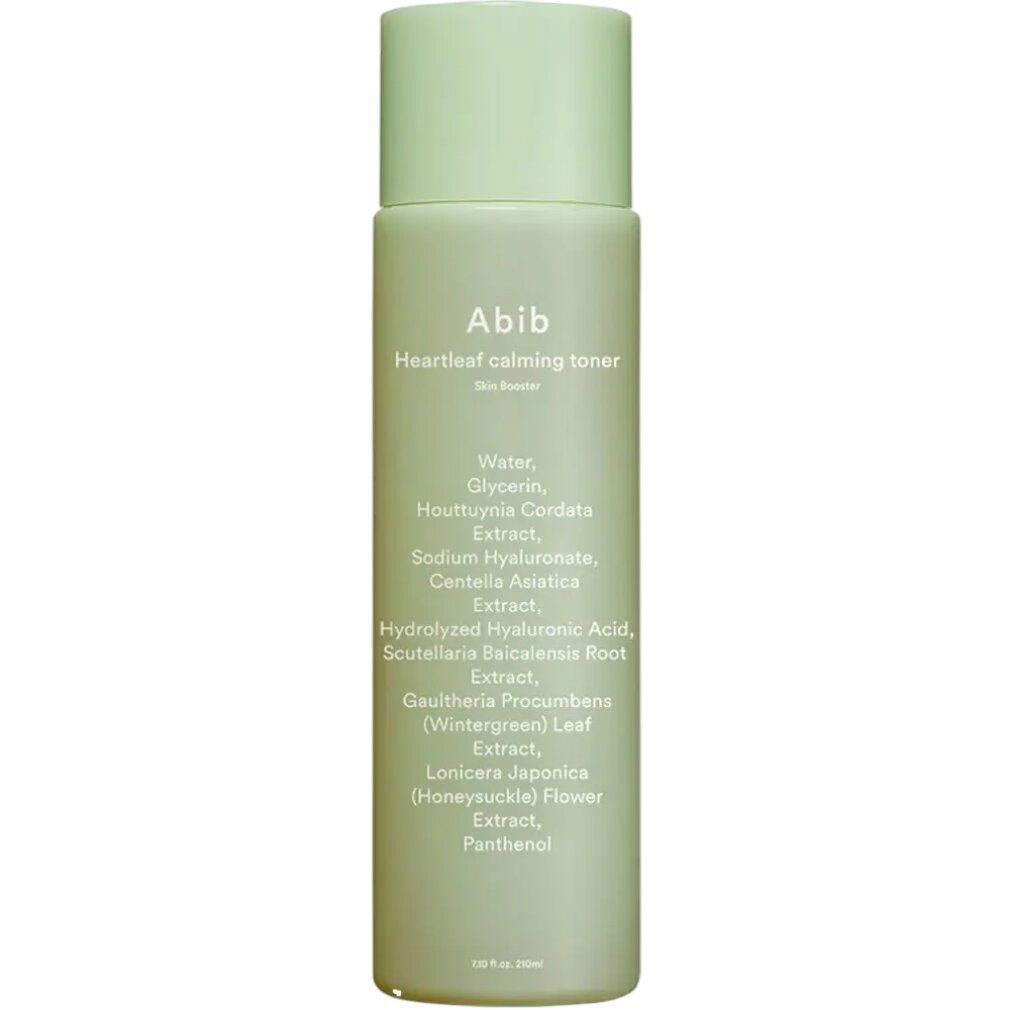 Abib Heartleaf tonico lenitivo, 200ml. Flacone verde con etichetta bianca che elenca gli ingredienti.